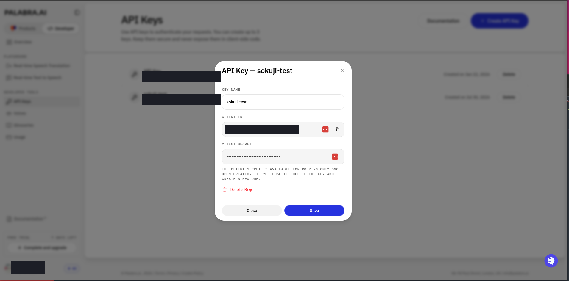 App: create a key and copy both values