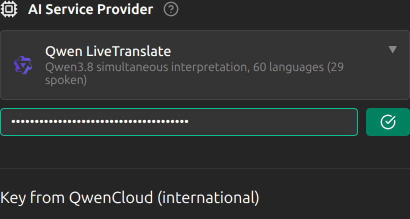 Qwen LiveTranslate selected, the key accepted, and the storefront it belongs to shown under it