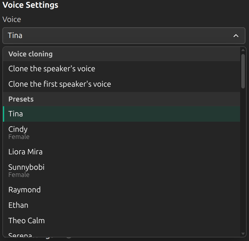 The voice picker: two voice-cloning choices above the preset voices