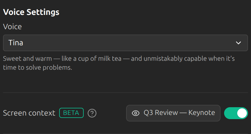 The Screen context switch turned on under Voice Settings, with the chosen window (Q3 Review — Keynote) named beside it.