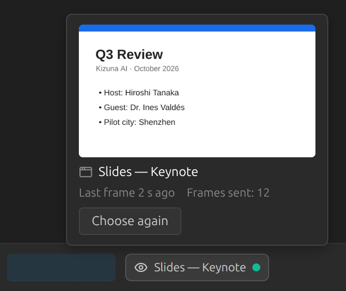The screen chip in the control bar with its card open: the last picture sent of a slide, the window name, how many frames were sent and the Choose again button