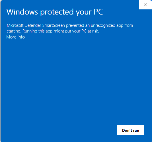 Windows Defender SmartScreen warning