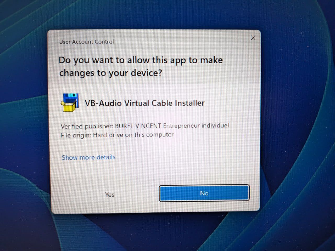 User Account Control prompt for VB-CABLE