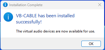 VB-CABLE installation success confirmation